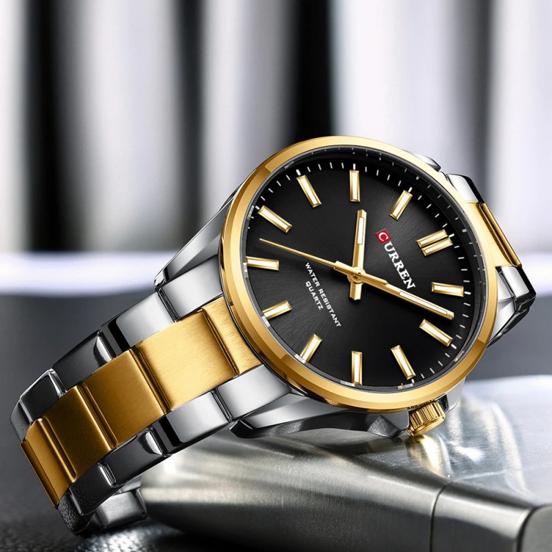 Чоловічий годинник Curren 9090 Silver-Gold-Black з мінеральним склом та сталевим браслетом