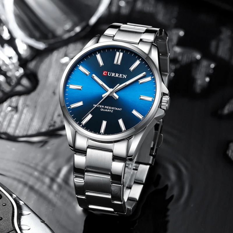 Мужские наручные часы Curren 9090 Silver-Blue с синим циферблатом и стальным браслетом