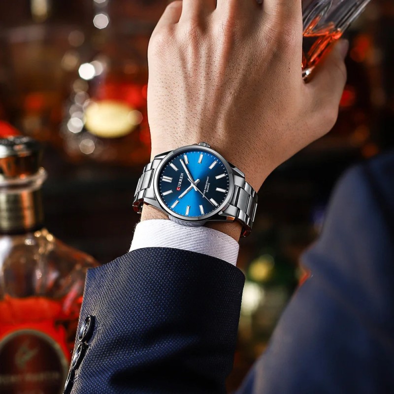 Мужские наручные часы Curren 9090 Silver-Blue с синим циферблатом и стальным браслетом