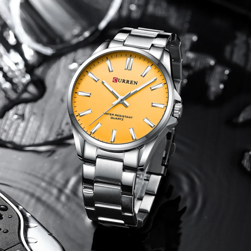 Чоловічий годинник Curren 9090 Silver-Orange зі сріблястим браслетом та жовтим циферблатом