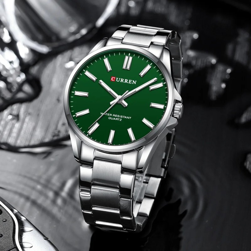 Чоловічий класичний годинник Curren 9090 Silver-Green зі сталевим браслетом та зеленим циферблатом