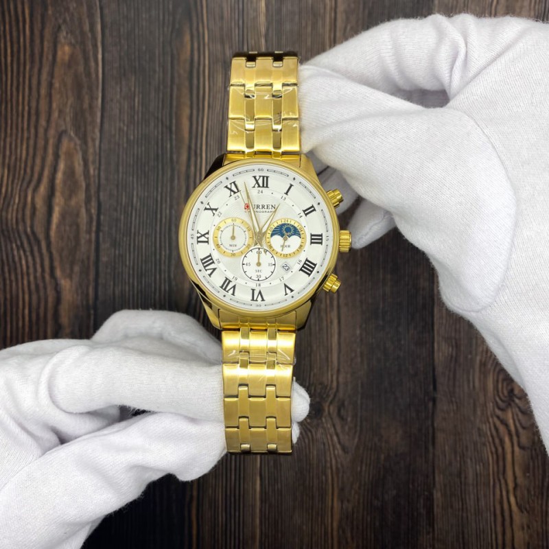 Мужские часы Curren 8427 Gold-White с хронографом и металлическим браслетом