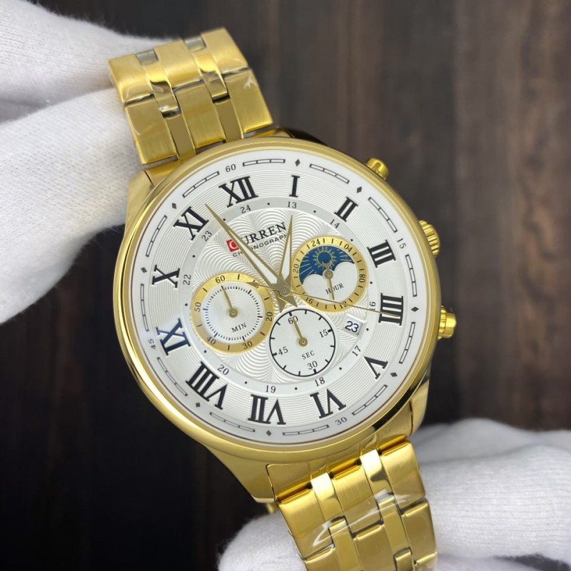 Мужские часы Curren 8427 Gold-White с хронографом и металлическим браслетом