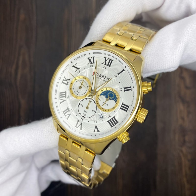 Мужские часы Curren 8427 Gold-White с хронографом и металлическим браслетом