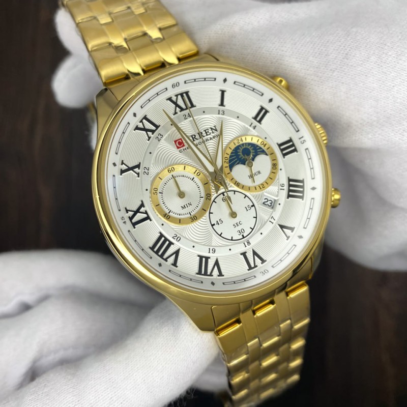 Мужские часы Curren 8427 Gold-White с хронографом и металлическим браслетом