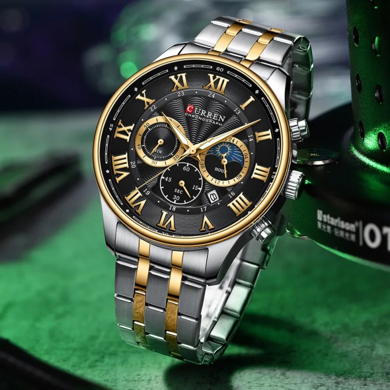 Мужские наручные часы Curren 8427 Silver-Gold-Black с хронографом и стальным браслетом