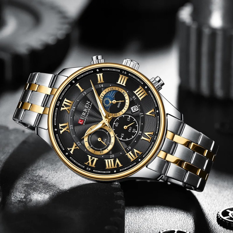 Мужские наручные часы Curren 8427 Silver-Gold-Black с хронографом и стальным браслетом