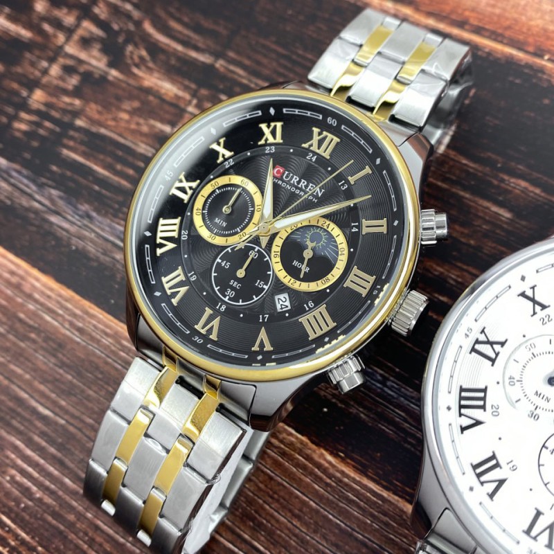 Мужские наручные часы Curren 8427 Silver-Gold-Black с хронографом и стальным браслетом