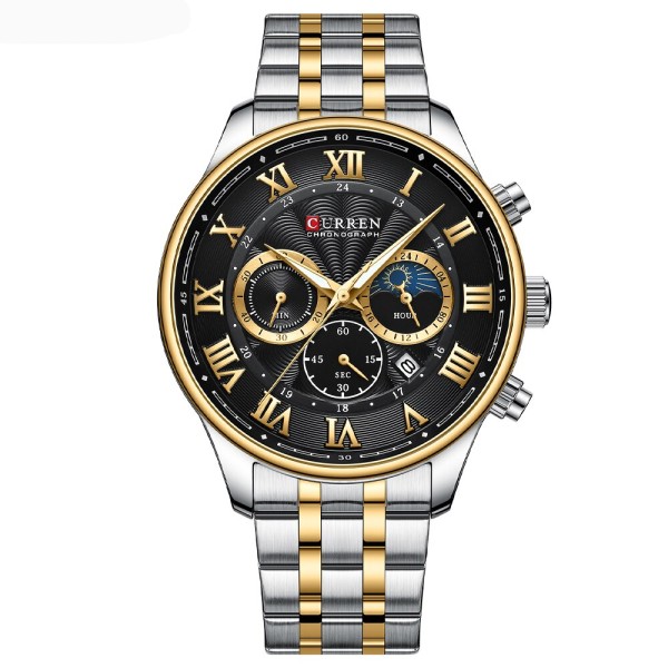 Мужские наручные часы Curren 8427 Silver-Gold-Black с хронографом и стальным браслетом