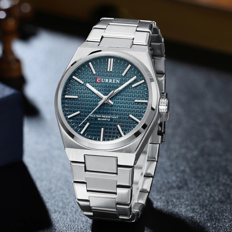 Мужские часы Curren 8439 Silver-Blue из нержавеющей стали с синим циферблатом