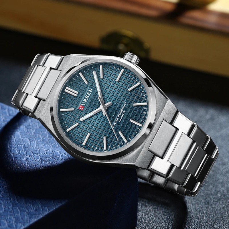Мужские часы Curren 8439 Silver-Blue из нержавеющей стали с синим циферблатом