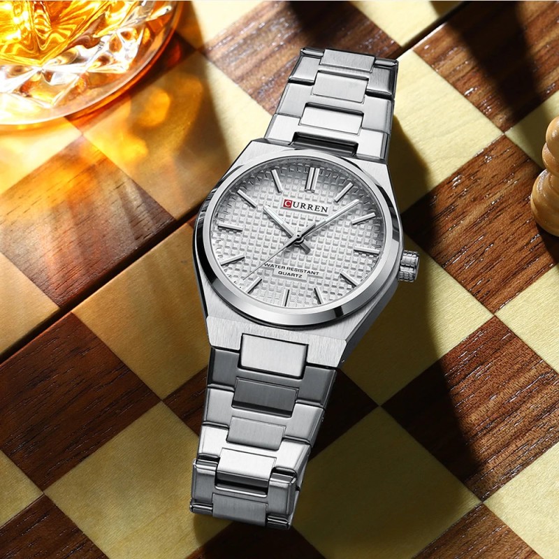 Мужские классические часы Curren 8439 Silver-White с серебристым браслетом и белым циферблатом