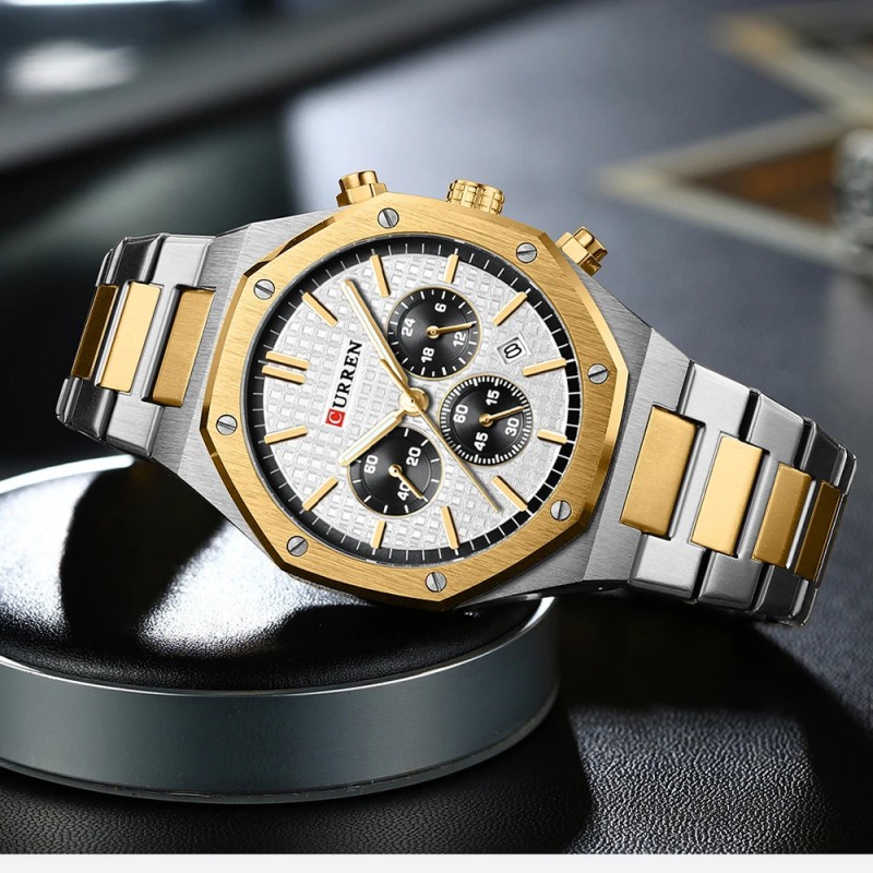 Мужские часы Curren 8440 Silver-Gold-White с хронографом и минеральным стеклом