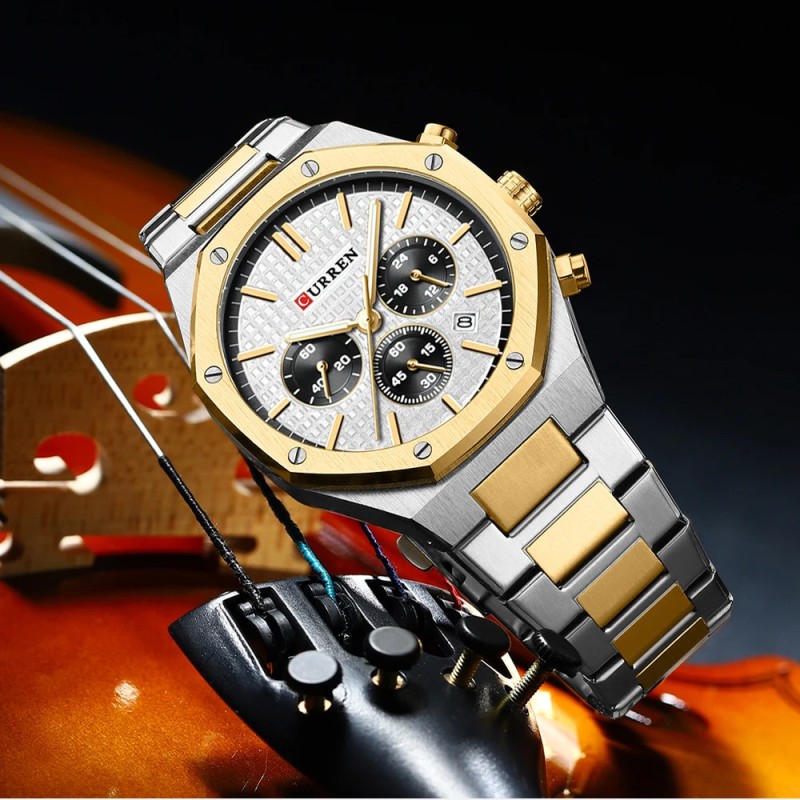 Мужские часы Curren 8440 Silver-Gold-White с хронографом и минеральным стеклом