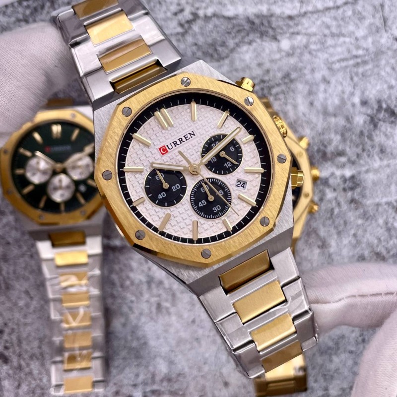 Мужские часы Curren 8440 Silver-Gold-White с хронографом и минеральным стеклом