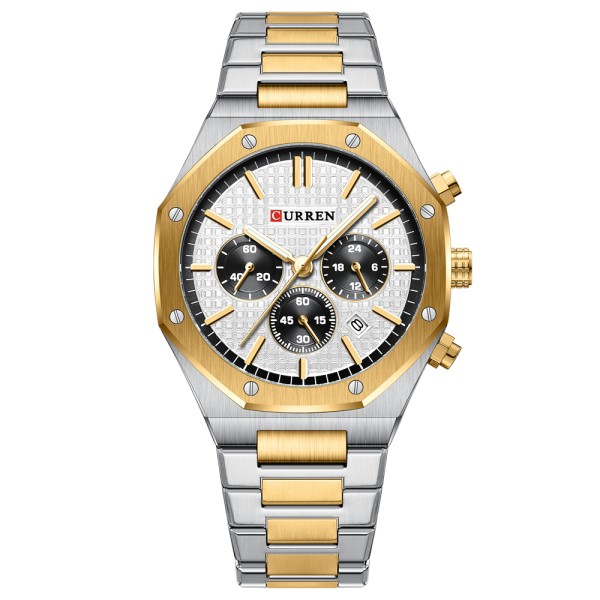 Мужские часы Curren 8440 Silver-Gold-White с хронографом и минеральным стеклом