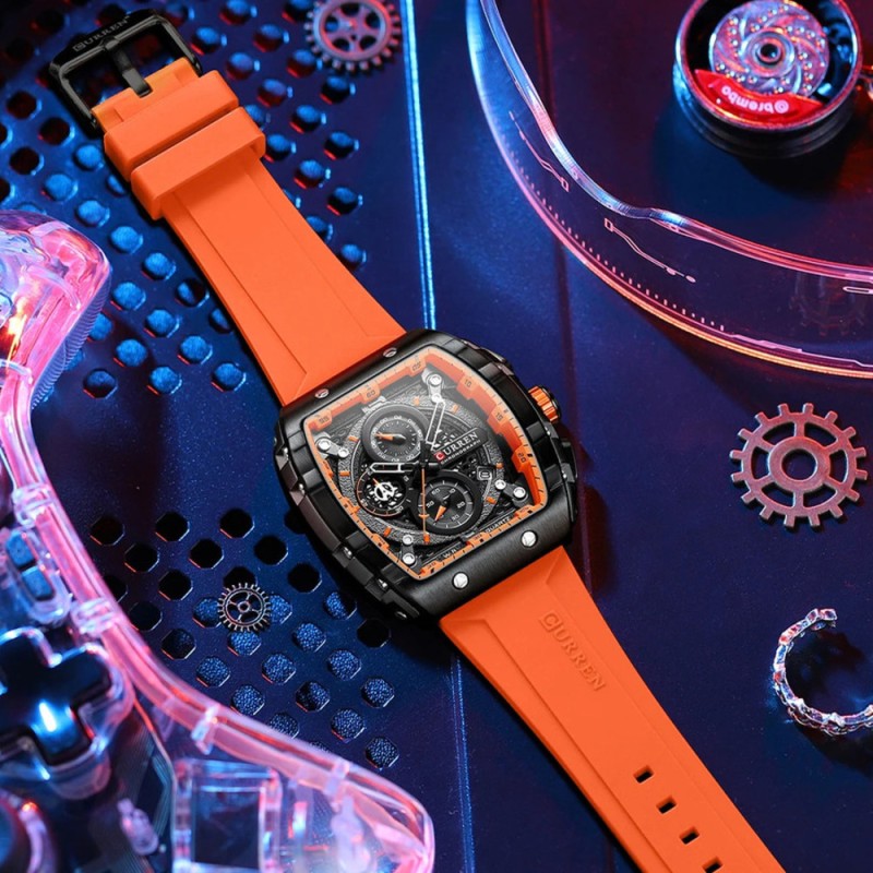 Мужские наручные часы Curren 8442 Black-Orange с хронографом и силиконовым ремешком
