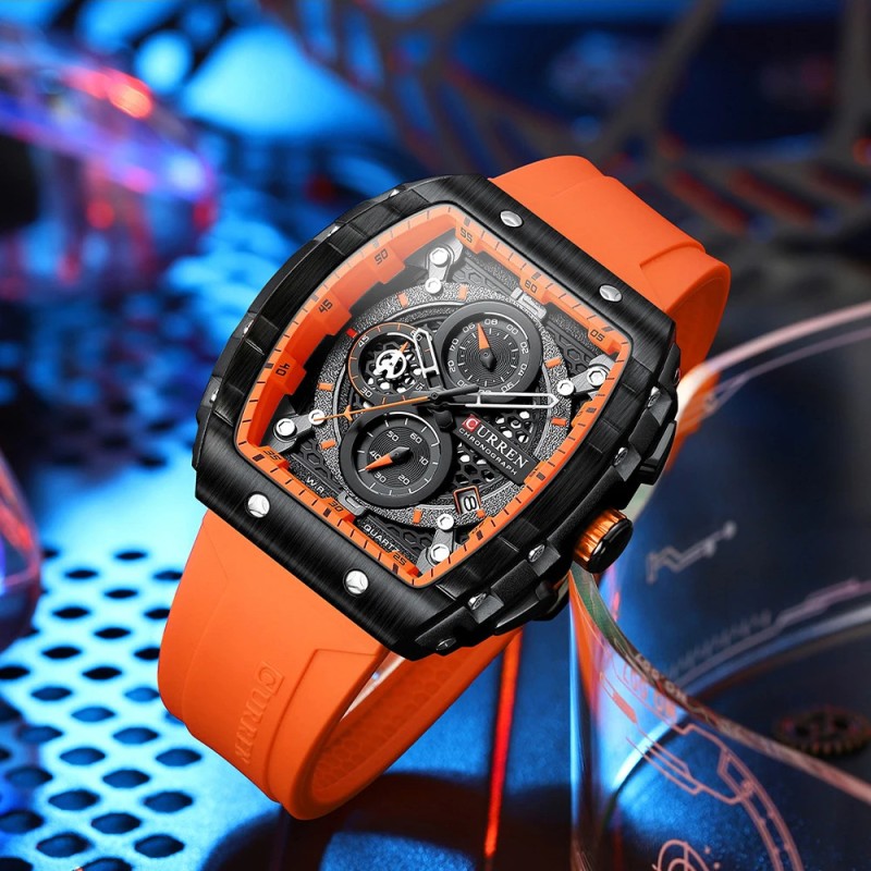 Мужские наручные часы Curren 8442 Black-Orange с хронографом и силиконовым ремешком