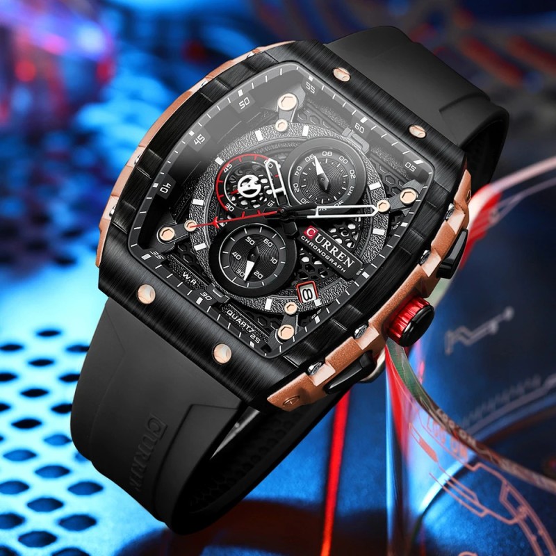 Мужские наручные часы Curren 8442 Gold-Black с хронографом и силиконовым ремешком