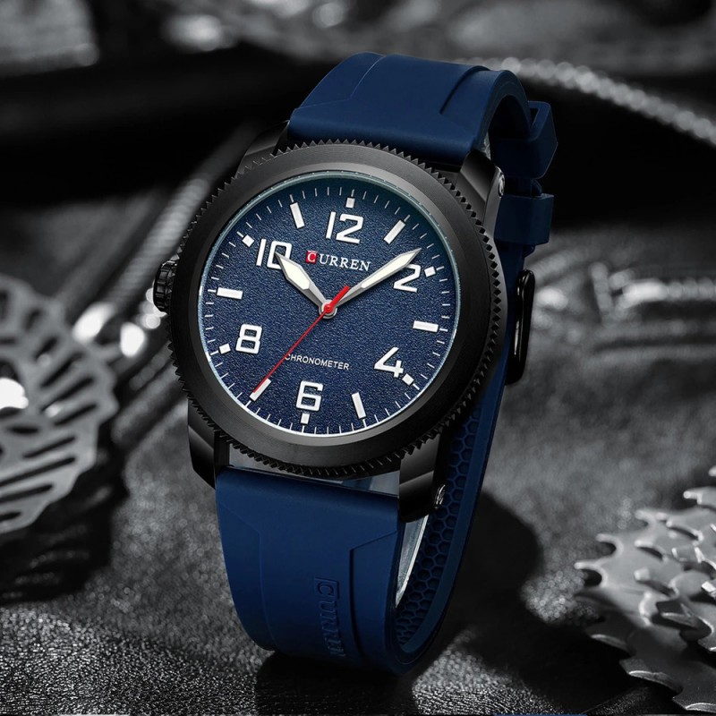 Чоловічий наручний годинник Curren 8454 Black-Blue з синім силіконовим ремінцем та мінеральним склом