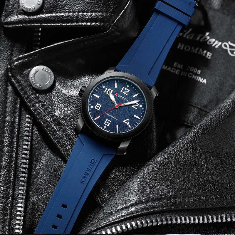 Чоловічий наручний годинник Curren 8454 Black-Blue з синім силіконовим ремінцем та мінеральним склом