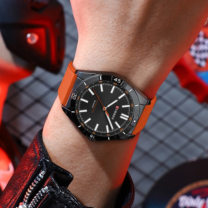 Мужские часы Curren 8449 Black-Orange с силиконовым ремешком и минеральным стеклом