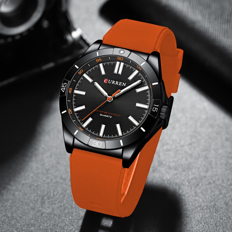 Мужские часы Curren 8449 Black-Orange с силиконовым ремешком и минеральным стеклом