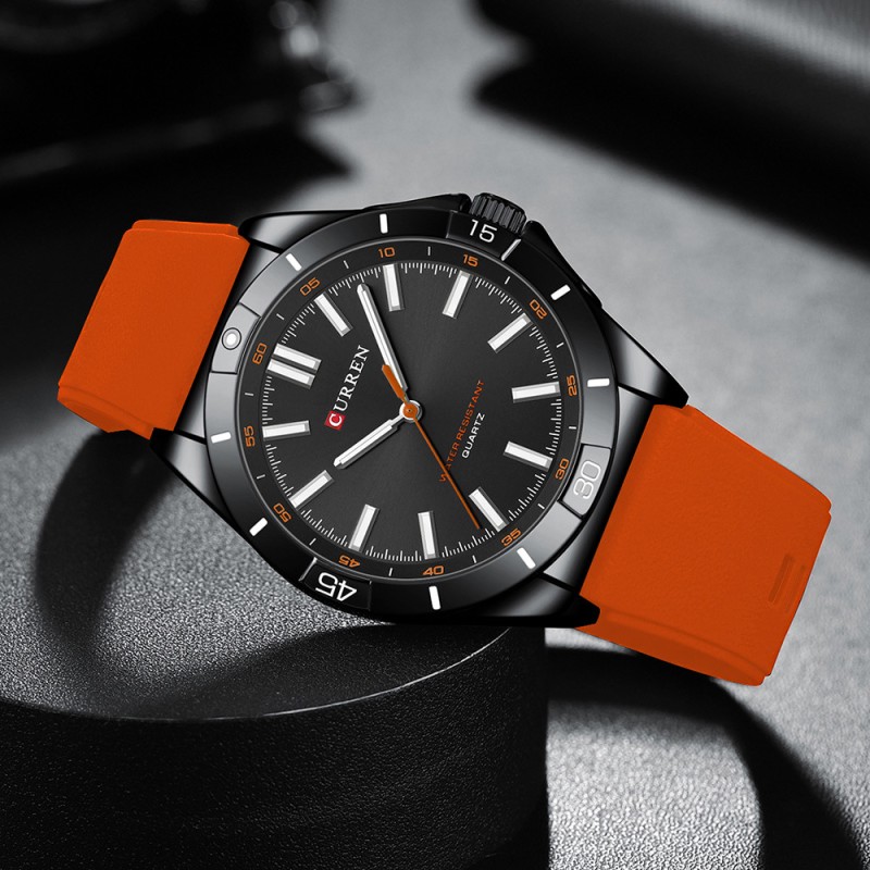Мужские часы Curren 8449 Black-Orange с силиконовым ремешком и минеральным стеклом