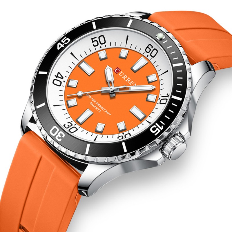 Мужские часы Curren 8448 Silver-Orange с силиконовым ремешком и минеральным стеклом