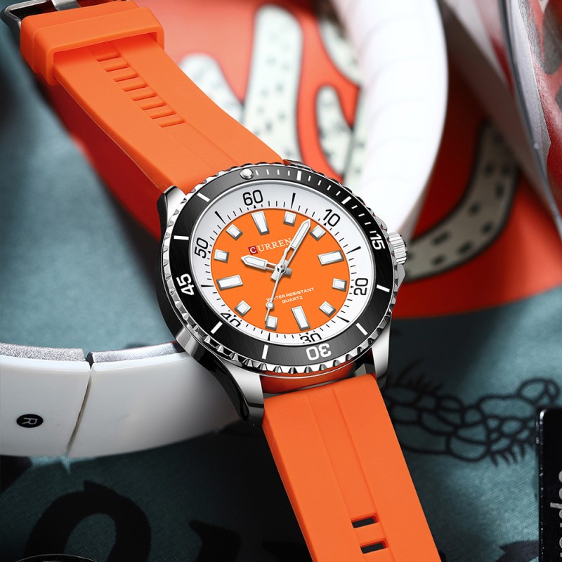 Мужские часы Curren 8448 Silver-Orange с силиконовым ремешком и минеральным стеклом