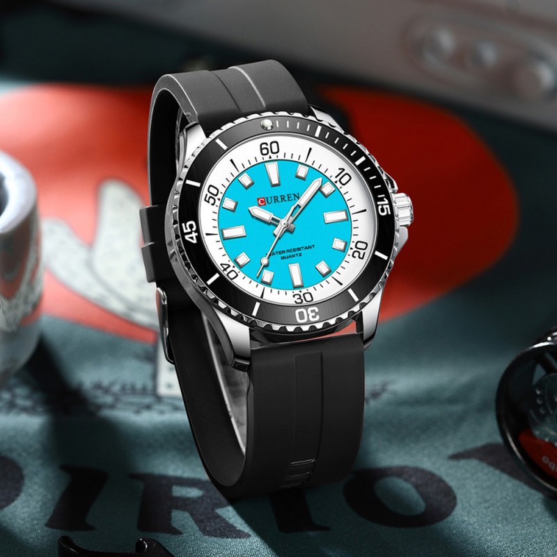 Мужские наручные часы Curren 8448 Silver-Blue-Black с минеральным стеклом и силиконовым ремешком