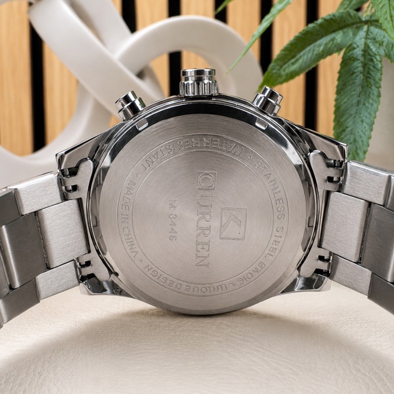 Мужские наручные часы Curren 8446 Silver-Gold-Black с хронографом и стальным браслетом