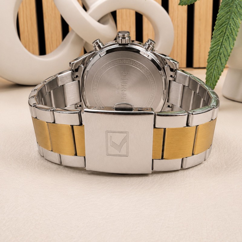 Мужские наручные часы Curren 8446 Silver-Gold-Black с хронографом и стальным браслетом