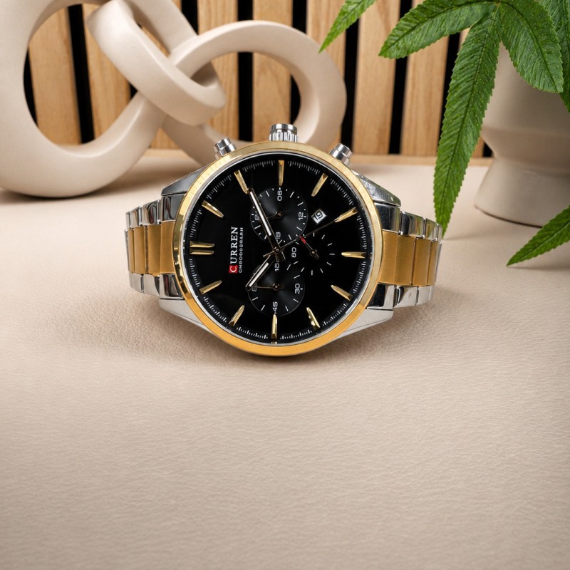 Мужские наручные часы Curren 8446 Silver-Gold-Black с хронографом и стальным браслетом