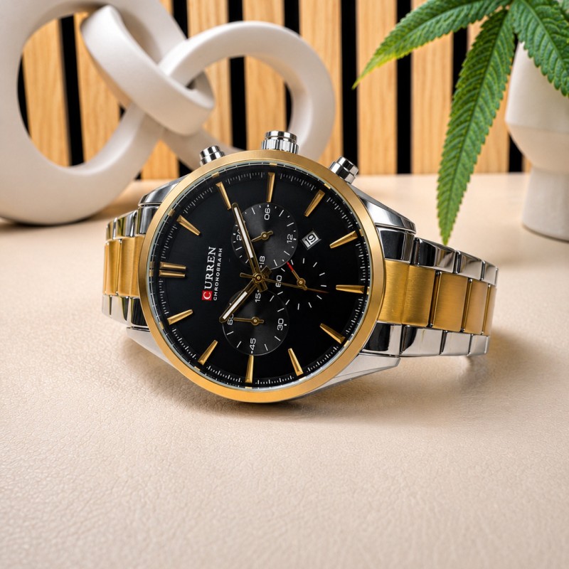 Мужские наручные часы Curren 8446 Silver-Gold-Black с хронографом и стальным браслетом