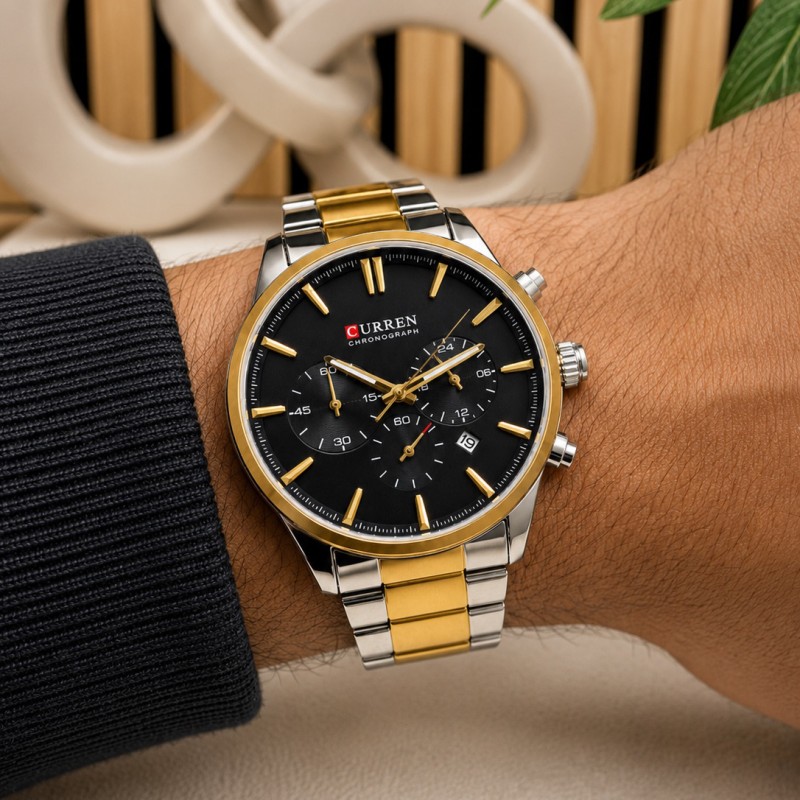 Мужские наручные часы Curren 8446 Silver-Gold-Black с хронографом и стальным браслетом