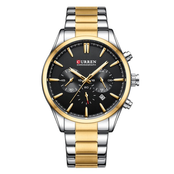 Мужские наручные часы Curren 8446 Silver-Gold-Black с хронографом и стальным браслетом