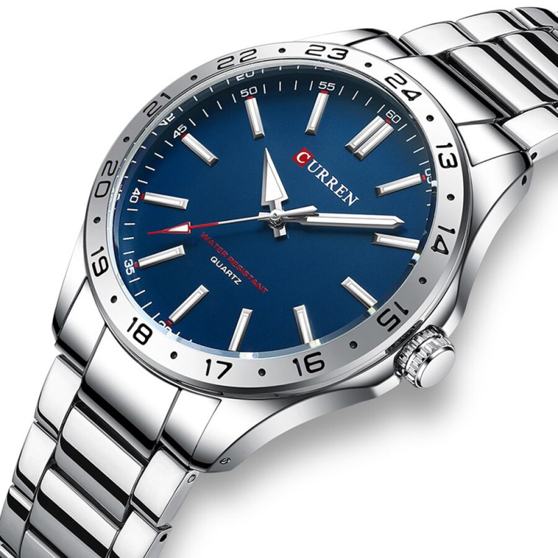 Мужские часы Curren 8452 Silver-Blue с серебристым браслетом и синим циферблатом
