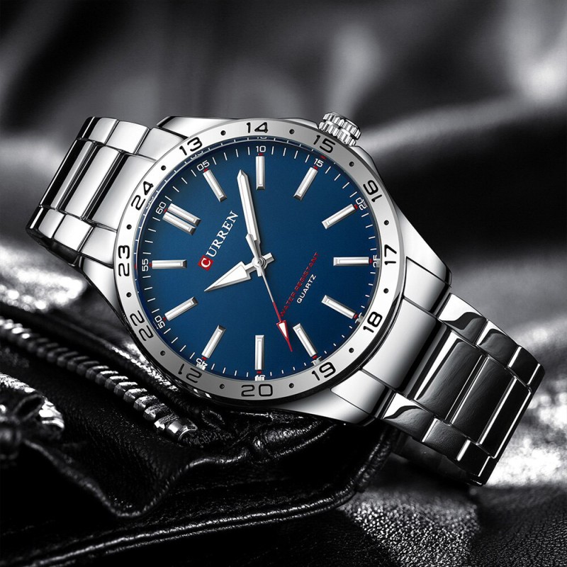 Мужские часы Curren 8452 Silver-Blue с серебристым браслетом и синим циферблатом