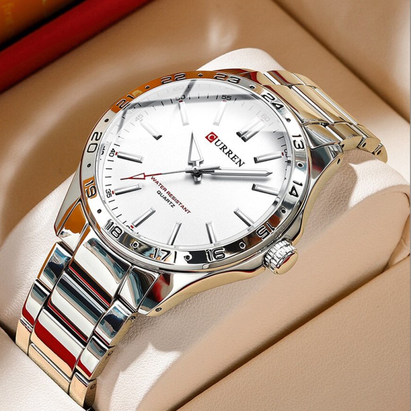 Мужские часы Curren 8452 Silver-White с минеральным стеклом и серебристым браслетом