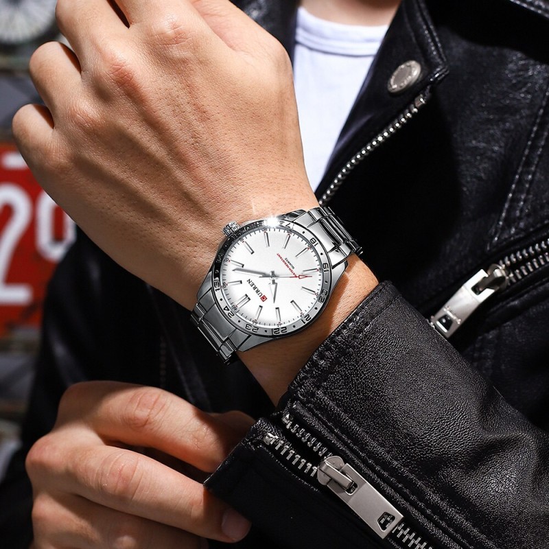 Мужские часы Curren 8452 Silver-White с минеральным стеклом и серебристым браслетом