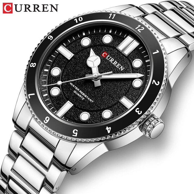 Мужские часы Curren 8450 Silver-Black с металлическим браслетом и минеральным стеклом