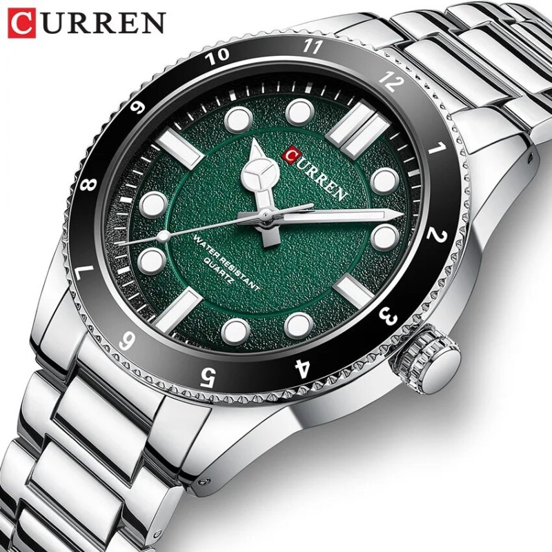 Мужские наручные часы Curren 8450 Silver-Green с серебристым браслетом и зеленым циферблатом