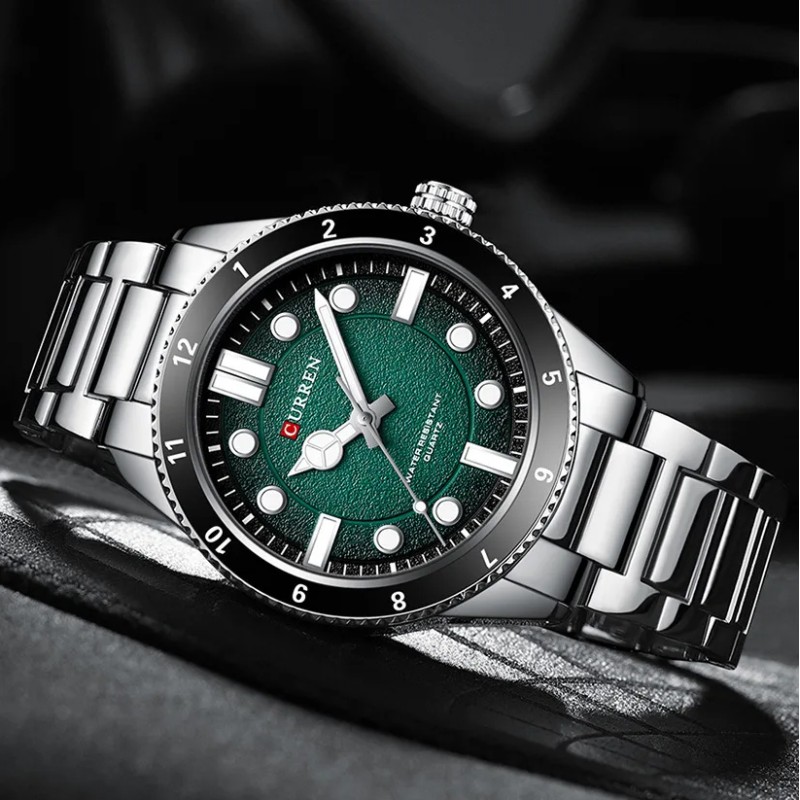 Мужские наручные часы Curren 8450 Silver-Green с серебристым браслетом и зеленым циферблатом