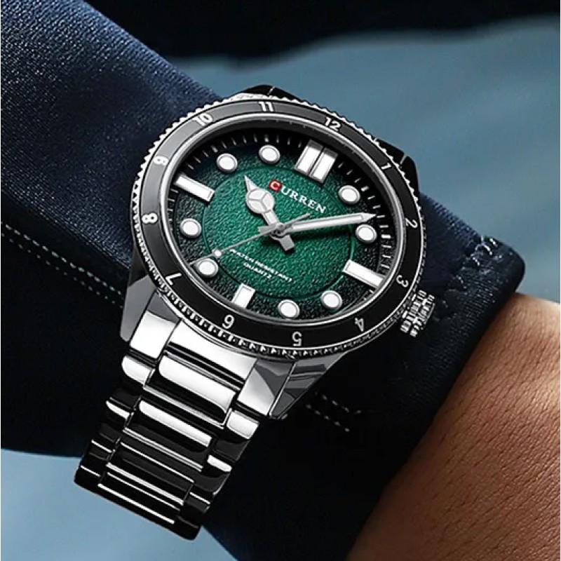 Мужские наручные часы Curren 8450 Silver-Green с серебристым браслетом и зеленым циферблатом