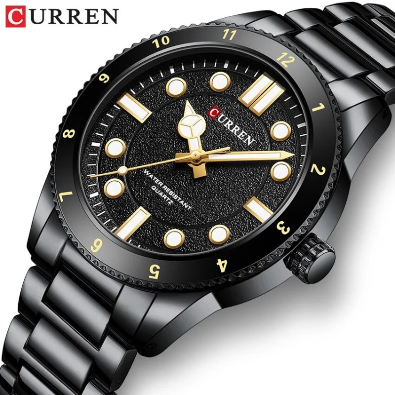 Мужские часы Curren 8450 All Black с металлическим браслетом и люминесцентной подсветкой