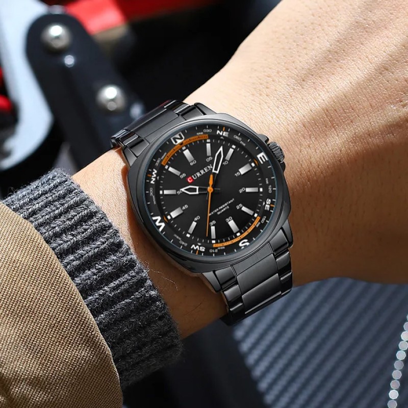 Мужские часы Curren 8455 All Black — Классические стальные часы в черном цвете