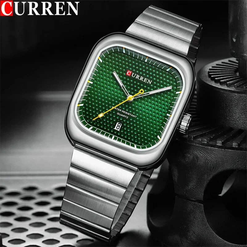 Чоловічий годинник Curren 8460 Silver-Green з зеленим циферблатом та сталевим браслетом
