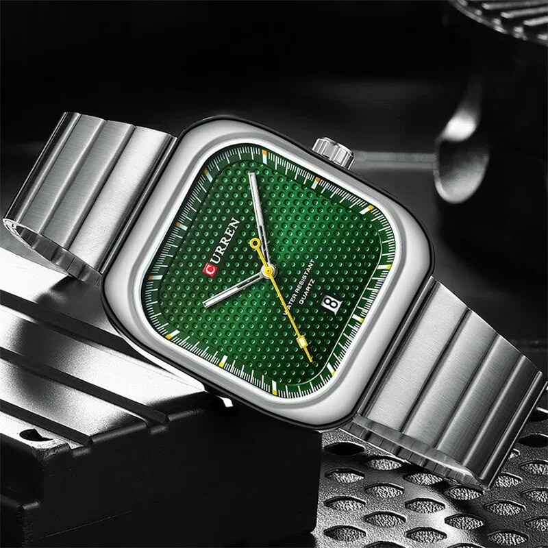 Чоловічий годинник Curren 8460 Silver-Green з зеленим циферблатом та сталевим браслетом