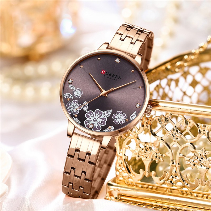 Женские классические часы Curren C9068L Gold Cofee с минеральным стеклом и золотистым браслетом